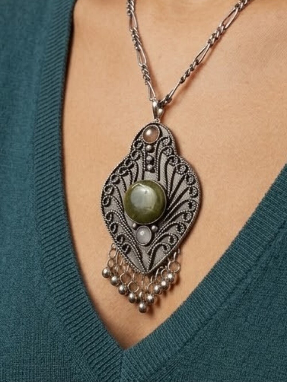 Bohemian Silver-Tone Pendant Necklace with Green, Brown & Multicolor Stones - Picture 3 of 4